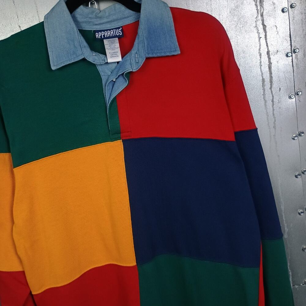 Vintage 80s 90s Clolorblock Rainbow Long Sleeve Rugby Polo Shirt XL Preppy Ivy